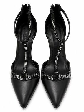 White House Black Market Black Pointed T-Strap Heels with Rhinestone Trim